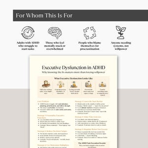 May include: A white and beige infographic titled "Executive Dysfunction in ADHD" with text and illustrations. The infographic provides strategies for managing ADHD, including lowering the start barrier and making time concrete. The top of the infographic has text that says "For Whom This Is For".