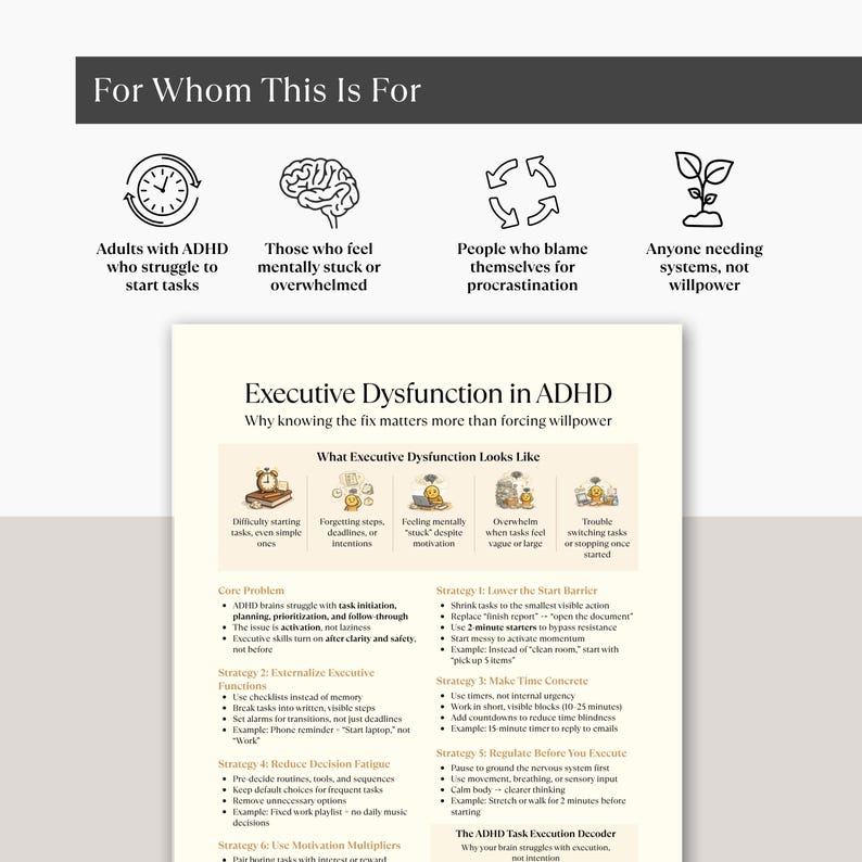 May include: A white and beige infographic titled "Executive Dysfunction in ADHD" with text and illustrations. The infographic provides strategies for managing ADHD, including lowering the start barrier and making time concrete. The top of the infographic has text that says "For Whom This Is For".
