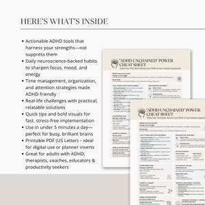 ADHD Unchained Power Cheat Sheet on clipboard with calming workspace aesthetic – designed for busy ADHD brains