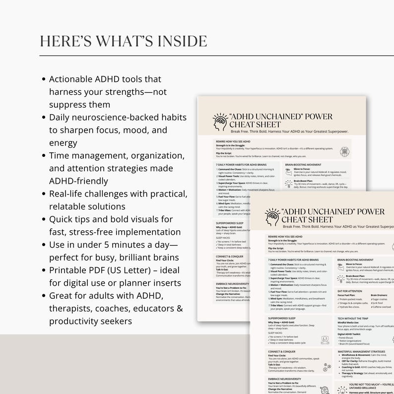 ADHD Unchained Power Cheat Sheet on clipboard with calming workspace aesthetic – designed for busy ADHD brains
