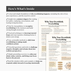 Puede incluir: Un dise&ntilde;o gr&aacute;fico blanco y gris con el t&iacute;tulo "Why You Overthink Everything" y vi&ntilde;etas que describen el contenido. El texto aborda temas como bucles mentales, reducci&oacute;n de la ansiedad y conciencia de los pensamientos.