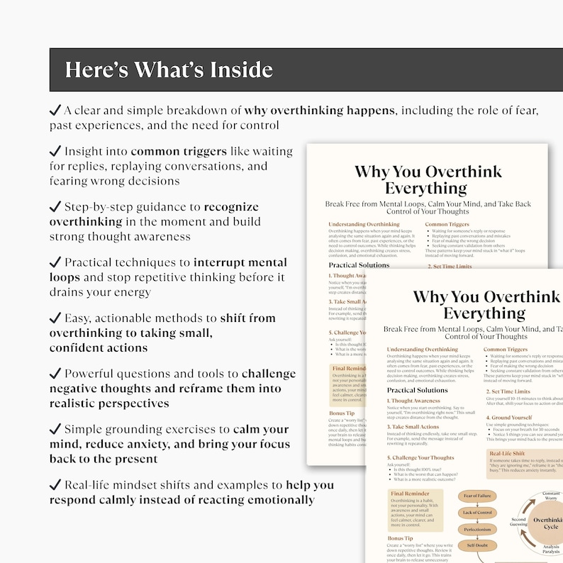 Puede incluir: Un dise&ntilde;o gr&aacute;fico blanco y gris con el t&iacute;tulo "Why You Overthink Everything" y vi&ntilde;etas que describen el contenido. El texto aborda temas como bucles mentales, reducci&oacute;n de la ansiedad y conciencia de los pensamientos.
