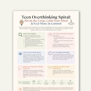 May include: A mental health educational poster titled Teen Overthinking Spiral: Break the Loop, Calm Your Mind & Feel More in Control. It features six pastel-colored sections with icons and text providing strategies to manage overthinking and anxiety.