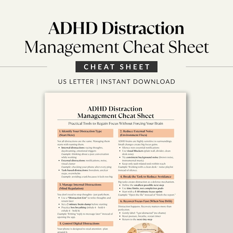 ADHD Distraction Management Cheat Sheet, Focus Tools for Adults, Brain ...