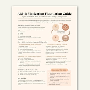 以下が含まれることがあります： ADHDモチベーション変動ガイド。テキストと図解付き。エネルギーに逆らわず、エネルギーを活用する方法を説明。モチベーションの状態、ADHDに優しいルール、ガイドの使い方に関する情報が含まれています。