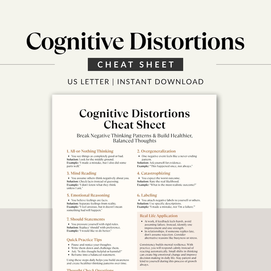 Cognitive Distortions Cheat Sheet Printable, CBT Worksheet, Mental ...