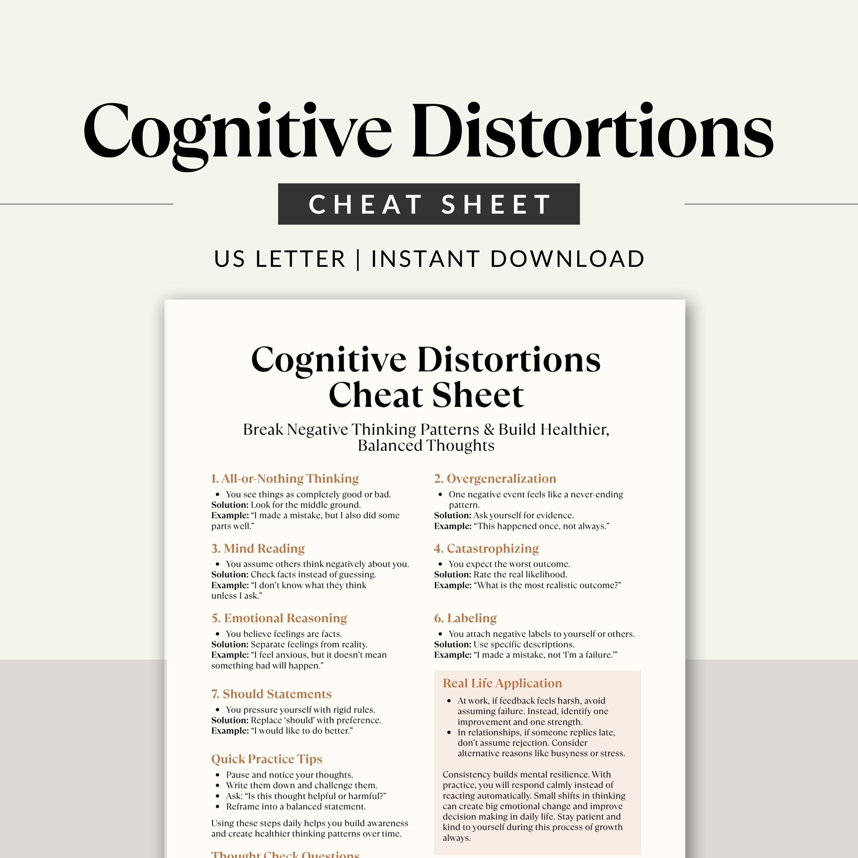 Cognitive Distortions Cheat Sheet Printable, CBT Worksheet, Mental ...