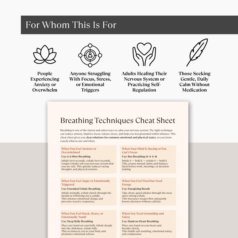 Calming Breathing Techniques Cheat Sheet for Anxiety, Stress and ...