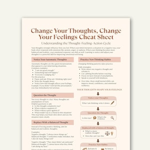 May include: A cream-colored cheat sheet titled "Change Your Thoughts, Change Your Feelings." It outlines steps to understand the thought-feeling-action cycle, including noticing automatic thoughts, questioning them, and replacing them with balanced thoughts.