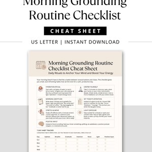 Printable Morning Grounding Routine Checklist mock-up with bold title and cheat sheet preview, labeled as US Letter size, instant download.
