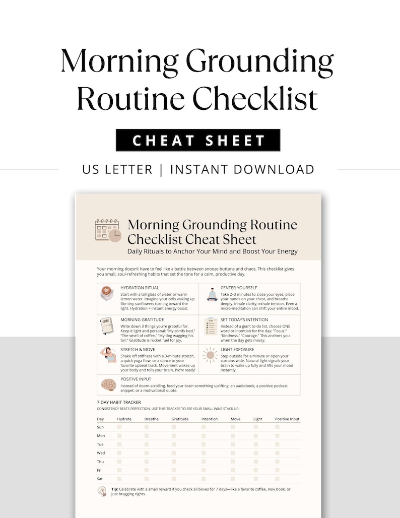Printable Morning Grounding Routine Checklist mock-up with bold title and cheat sheet preview, labeled as US Letter size, instant download.