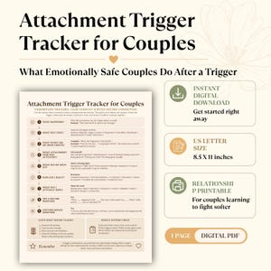 Może przedstawiać: Cyfrowy dokument PDF Attachment Trigger Tracker for Couples. Strona zawiera dziewięciostopniowy przewodnik pomagający zrozumieć wyzwalacze, łagodzić konflikty i budować więzi, obejmujący sekcje dotyczące uczuć oraz reakcji fizycznych.