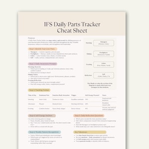 Puede incluir: Una hoja de trucos de color crema titulada "IFS Daily Parts Tracker" con texto y diagramas. Describe los pasos para la autoconciencia, los formatos de seguimiento y las preguntas de reflexión. La hoja incluye secciones sobre partes centrales, indicaciones diarias y anclajes de autoenergía.