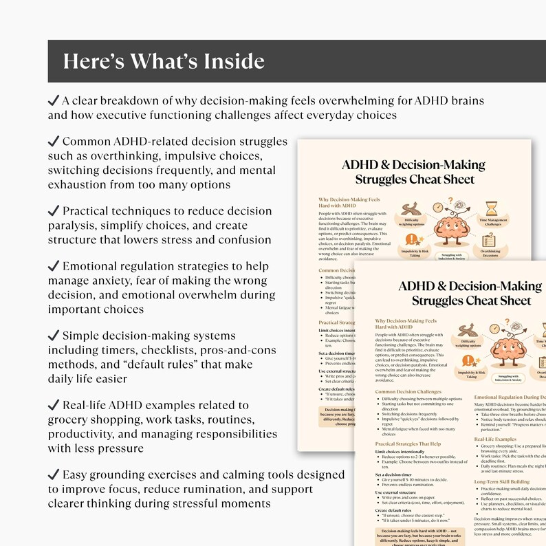ADHD Decision-making Cheat Sheet Printable, Executive Function and ...