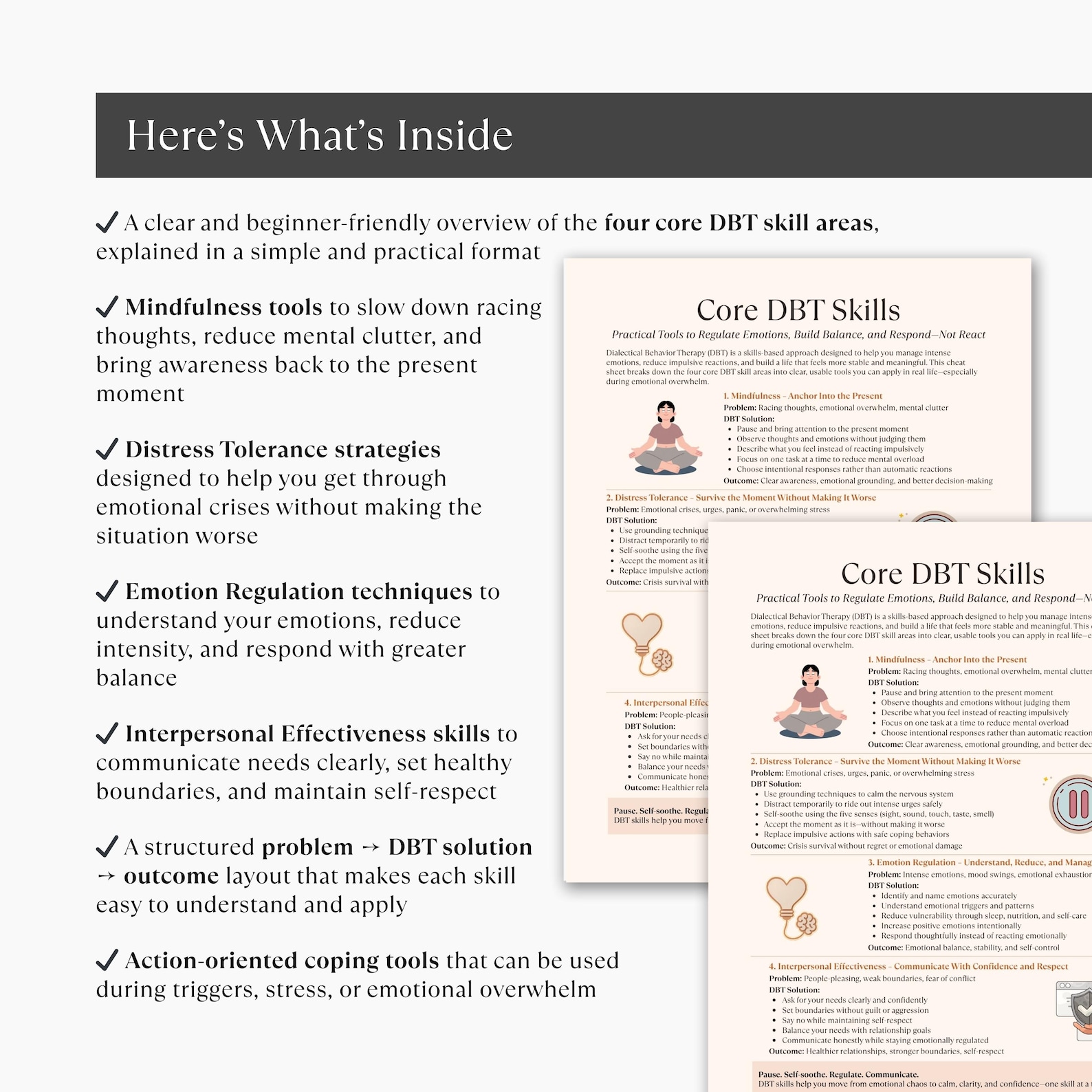 Core DBT Skills Cheat Sheet, DBT Therapy Tools for Emotional Regulation ...