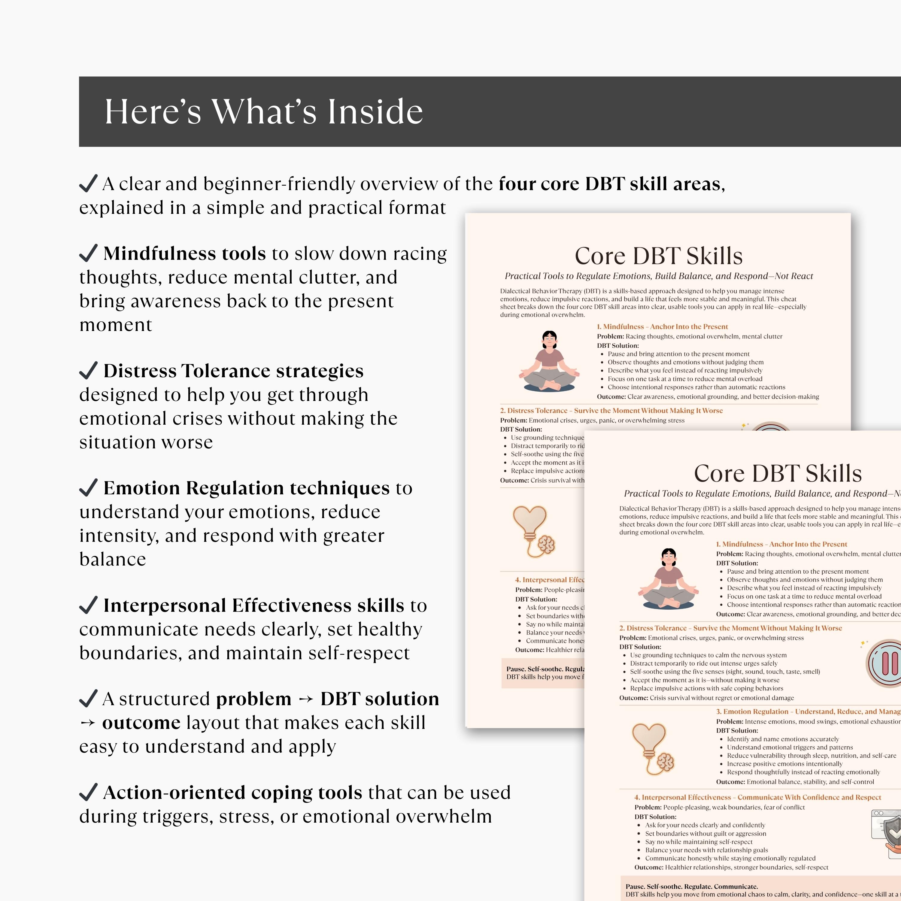Core DBT Skills Cheat Sheet, DBT Therapy Tools for Emotional Regulation ...