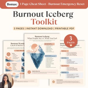 May include: A digital Burnout Iceberg Toolkit printable PDF set featuring three pages with terracotta and blue color schemes. The documents include text headers, an iceberg illustration, bulleted lists, and a bonus cheat sheet for burnout recovery.