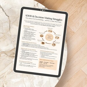 May include: A tablet displays a document titled "ADHD & Decision-Making Struggles." The text explains challenges and solutions for individuals with ADHD. The document includes sections on decision patterns, solutions, and emotional regulation strategies. The tablet is on a light-colored wooden surface.