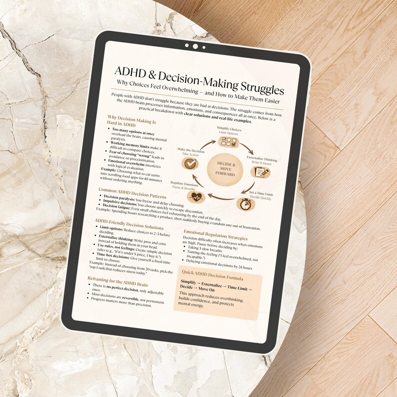 May include: A tablet displays a document titled "ADHD & Decision-Making Struggles." The text explains challenges and solutions for individuals with ADHD. The document includes sections on decision patterns, solutions, and emotional regulation strategies. The tablet is on a light-colored wooden surface.
