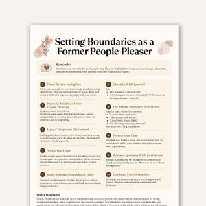 May include: A beige informational print titled Setting Boundaries as a Former People Pleaser. It features ten numbered steps with text advice on establishing personal limits, decorated with small abstract floral line art and soft brown shapes.