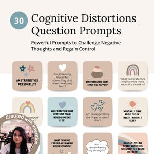 Tarjetas con preguntas sobre distorsiones cognitivas para replantear pensamientos, aliviar la ansiedad, mejorar la claridad mental, la autorreflexión y un cambio de mentalidad.
