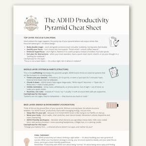 May include: A white and beige infographic titled "The ADHD Productivity Pyramid Cheat Sheet." The sheet is divided into three sections: Focus & Flow, Systems & Habits, and Energy & Environment. It offers tips for productivity, with bullet points and illustrations.