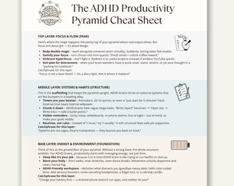 May include: A white and beige infographic titled "The ADHD Productivity Pyramid Cheat Sheet." The sheet is divided into three sections: Focus & Flow, Systems & Habits, and Energy & Environment. It offers tips for productivity, with bullet points and illustrations.