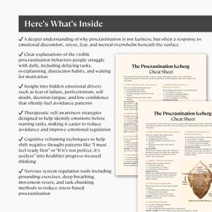 May include: A white and black graphic with the text "Here's What's Inside" and a list of topics related to procrastination, including emotional drivers and self-awareness strategies. Two "Procrastination Iceberg Cheat Sheet" graphics are also visible.