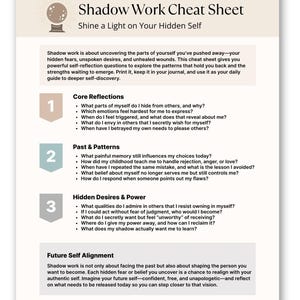 May include: A white cheat sheet titled "Shadow Work Cheat Sheet" with text about self-reflection and uncovering hidden fears. The sheet includes sections on core reflections, past patterns, hidden desires, and future self-alignment.