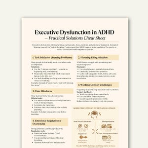 May include: A white paper titled "Executive Dysfunction in ADHD - Practical Solutions Cheat Sheet." The document provides strategies for managing ADHD challenges, including task initiation, planning, time management, and emotional regulation. It includes bulleted lists and diagrams.