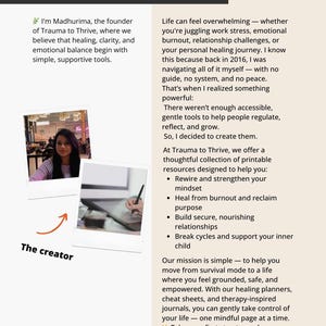 Brand story page featuring Madhurima, creator of Trauma to Thrive, explaining the mission behind the Morning Grounding Routine Checklist and supportive tools.