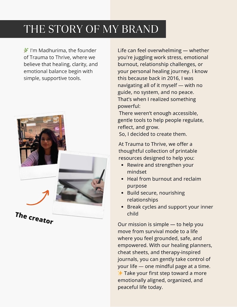 Brand story page featuring Madhurima, creator of Trauma to Thrive, explaining the mission behind the Morning Grounding Routine Checklist and supportive tools.