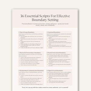 以下が含まれることがあります： 「36 Essential Scripts For Effective Boundary Setting」というタイトルの黒いテキストが書かれた白い紙。紙は6つのセクションに分かれており、フレーズの箇条書きリストがあります。紙の下部には「愛をもって言うすべての「ノー」は、より本物の「イエス」のための余地を作ります」というテキストがあります。