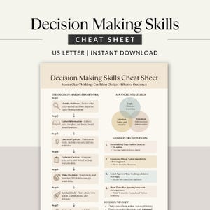 Decision Making Skills Cheat Sheet US Letter size instant download shown in elegant beige design with clarity and confidence framework.