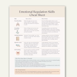 May include: A cream-coloured "Emotional Regulation Skills Cheat Sheet" with text detailing deep breathing, grounding, labelling emotions, opposite action, and self-soothing techniques. The sheet also lists the benefits and transformation achieved.