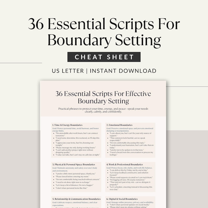 Minimal beige mock-up of Boundary Setting Scripts Printable with elegant typography and cheat sheet label — instant download therapy resource.
