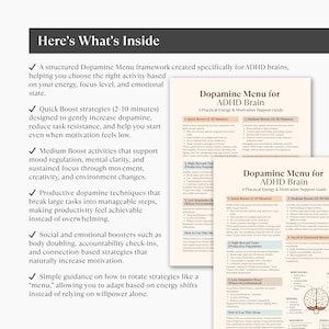 May include: A guide titled "Dopamine Menu for ADHD Brain" with a practical energy and motivation support guide. The guide includes sections on quick boosts, medium boosts, high reward tasks, and low dopamine reset strategies. Text on the left side lists key features.