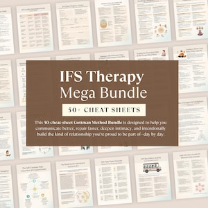 Puede incluir: Un conjunto de hojas de trucos imprimibles para la terapia IFS. La imagen central dice "IFS Therapy Mega Bundle" con "50+ Cheat Sheets" debajo. El texto de abajo indica que el paquete está diseñado para ayudar a mejorar la comunicación y construir relaciones.
