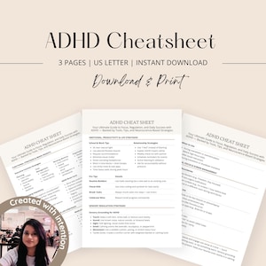Pode incluir: Um download digital com uma folha de dicas de TDAH com o texto "ADHD Cheatsheet" e "Download & Print". O documento foi projetado para ajudar com foco, regulação e sucesso diário. O documento é do tamanho US Letter.
