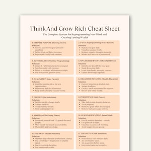 Può includere: Un foglio stampato bianco intitolato "Think And Grow Rich Cheat Sheet" con un elenco di 12 passaggi per riprogrammare la mente e creare ricchezza. Il testo è in nero e organizzato in sezioni numerate con soluzioni.