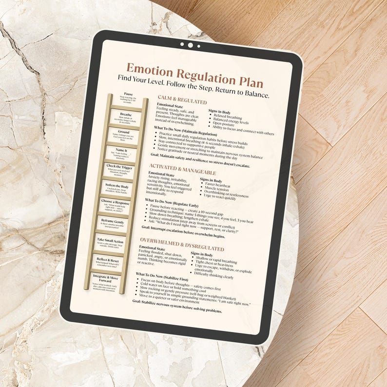 K&ouml;nnte beinhalten: Ein digitales Tablet zeigt einen "Emotion Regulation Plan" mit Text und einer Leitergrafik. Der Plan umrei&szlig;t Schritte zur Emotionsbew&auml;ltigung, einschlie&szlig;lich Abschnitte wie "Calm & Regulated" und "Activated & Manageable". Das Tablet liegt auf einer hellen, gemusterten Oberfl&auml;che.