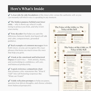 May include: A white informational document titled Here's What's Inside, listing six bullet points about a comparison chart. Next to the text are two overlapping pages titled The Voice of the Critic vs. The Voice of the Self, featuring tables, icons, and text comparing inner critic and authentic self perspectives.