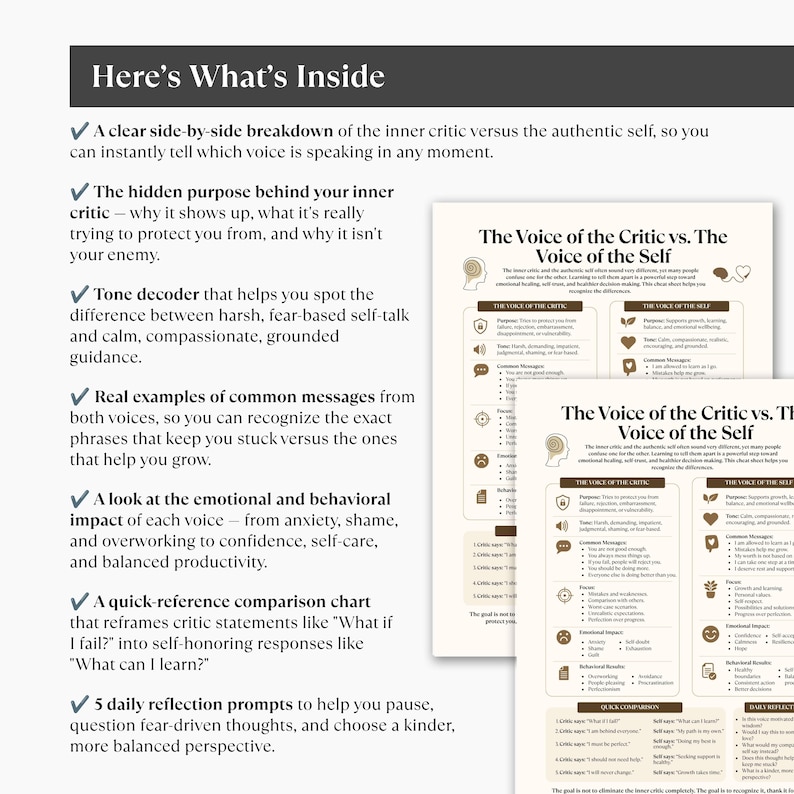 May include: A white informational document titled Here's What's Inside, listing six bullet points about a comparison chart. Next to the text are two overlapping pages titled The Voice of the Critic vs. The Voice of the Self, featuring tables, icons, and text comparing inner critic and authentic self perspectives.