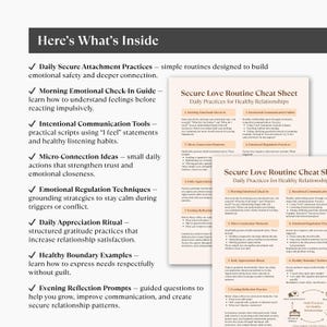 Puede incluir: Un documento en blanco y negro titulado "Secure Love Routine Cheat Sheet" con texto sobre pr&aacute;cticas diarias para relaciones saludables. La imagen tambi&eacute;n incluye una lista de temas como "Daily Secure Attachment Practices" y "Morning Emotional Check-In Guide".
