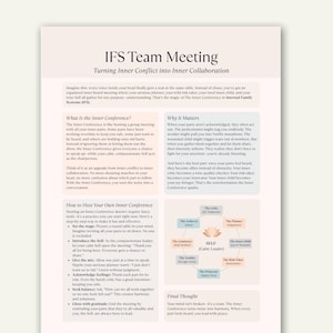May include: A page from a guide titled "IFS Team Meeting" with text about inner conflict and collaboration. The text is organized into sections with headings and bullet points, and includes a diagram of inner parts.