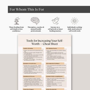For Whom This Is For section highlighting audience types: self-healers, therapists, coaches, and those seeking daily motivation — includes icons of plant, brain, dove, and sun.