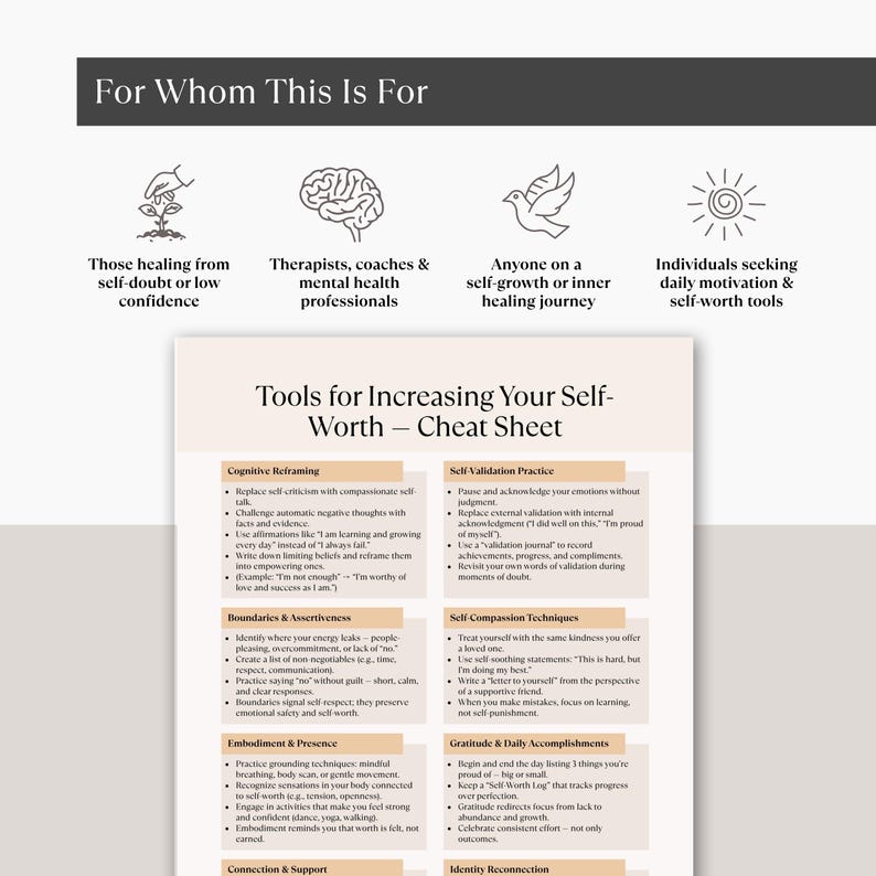 For Whom This Is For section highlighting audience types: self-healers, therapists, coaches, and those seeking daily motivation — includes icons of plant, brain, dove, and sun.