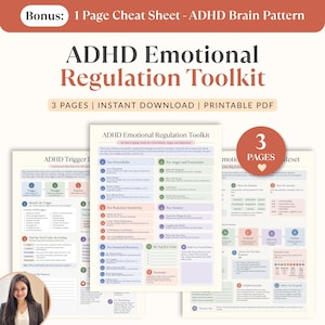 Könnte beinhalten: Ein digitales ADHD Emotional Regulation Toolkit bestehend aus drei druckbaren PDF-Seiten. Das Dokument enthält strukturierte Abschnitte zur Bewältigung von Überforderung, Wut, Frustration und Angst sowie ein Bonus-Spickzettel für Gehirnmuster.