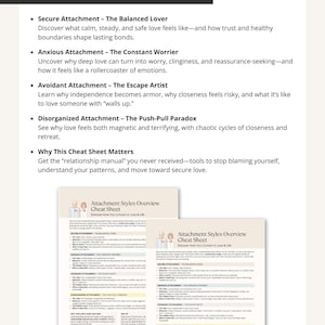 Here’s What’s Inside page mockup highlighting key features: Secure, Anxious, Avoidant, and Disorganized attachment styles explained, plus benefits of the cheat sheet with preview thumbnails below.