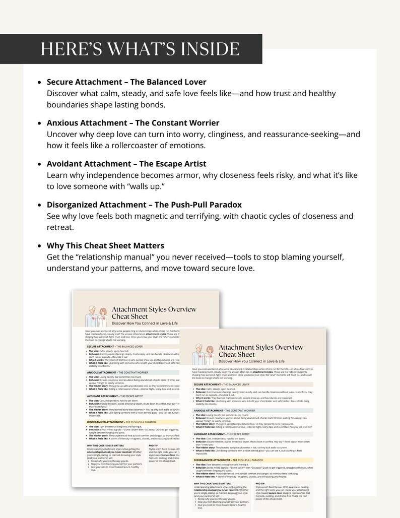 Here’s What’s Inside page mockup highlighting key features: Secure, Anxious, Avoidant, and Disorganized attachment styles explained, plus benefits of the cheat sheet with preview thumbnails below.